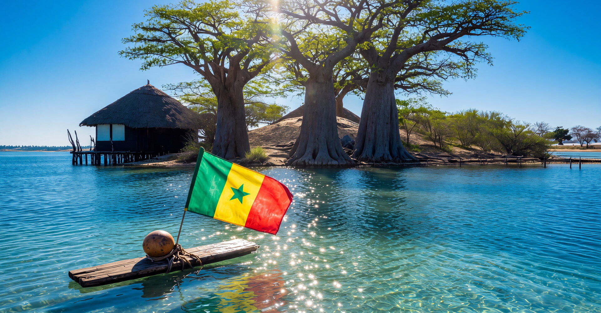 Lagune de la Petite Côte au Sénégal : radeau portant le drapeau sénégalais, case sur pilotis et baobabs
